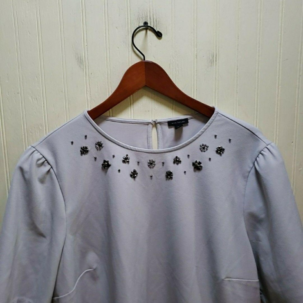Ann Taylor Blouse Womens Plus XXL Gray Crew Short Sleeve Beaded Rhinestone Top